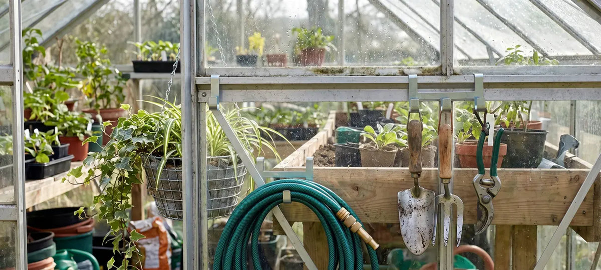 Greenhouse hooks holding a hanging basket, hose, and gardening tools