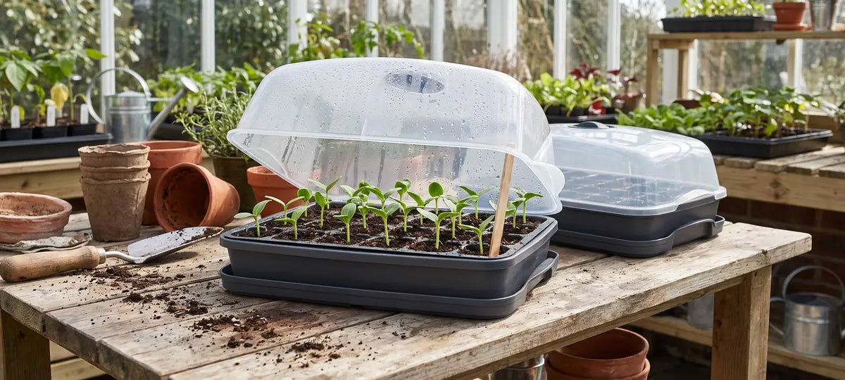 Anthracite grey mini greenhouse seed starter propagators with sprouted seedlings
