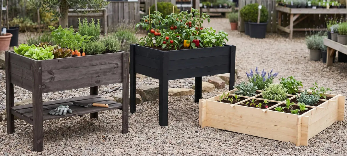 Wooden raised garden beds with storage shelf, black, and plain styles on display