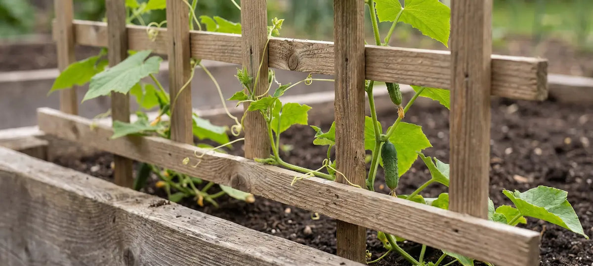 Close-up of a wooden lattice trellis with climbing cucumber vines
