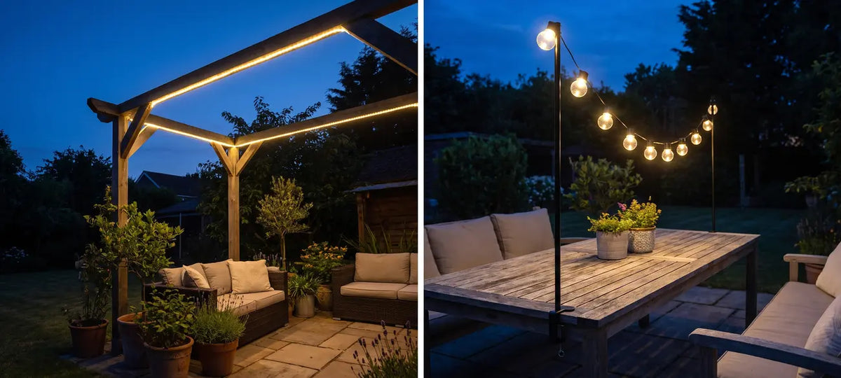 Warm LED light strip and solar table clamp lamp lighting an evening patio