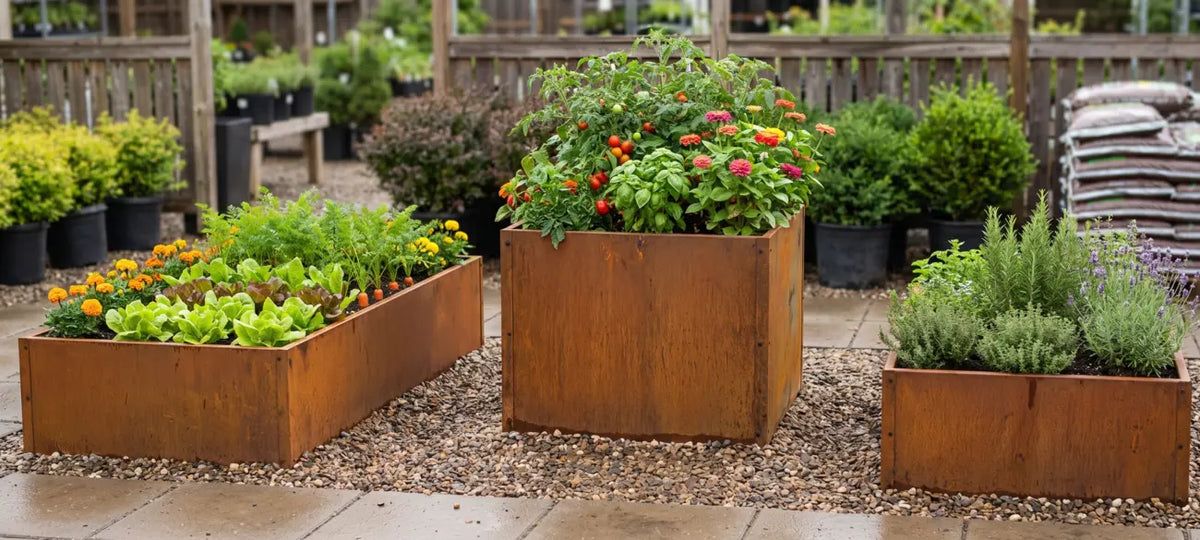 Corten steel raised garden beds of varying sizes with rusted patina on display