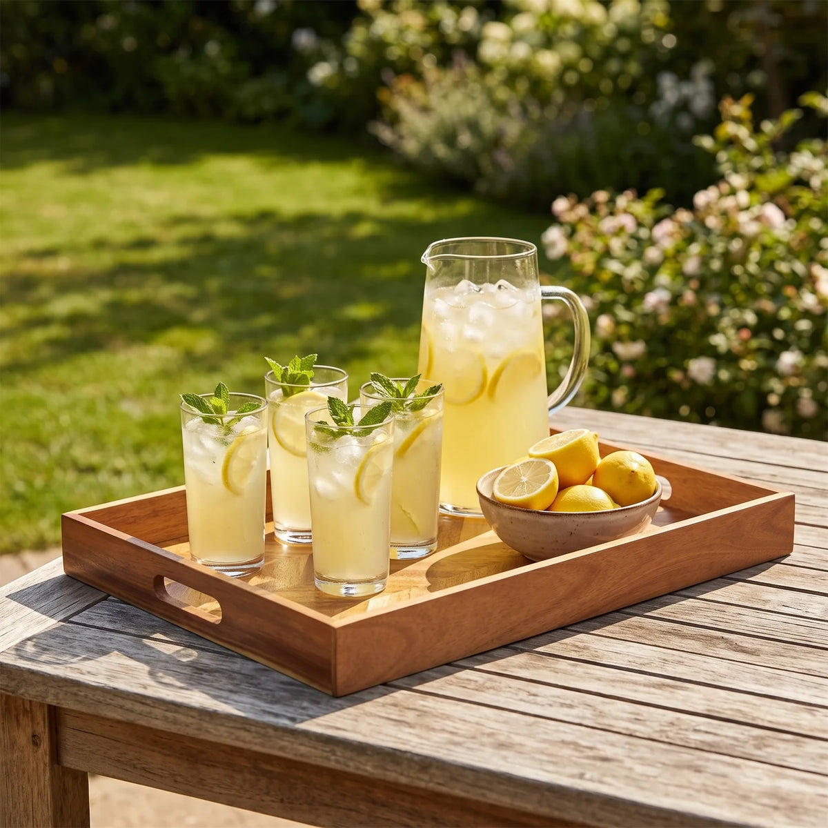 Acacia Wood Tray 48 x 35.5 cm carrying a jug of lemonade and glasses on a sunny garden table