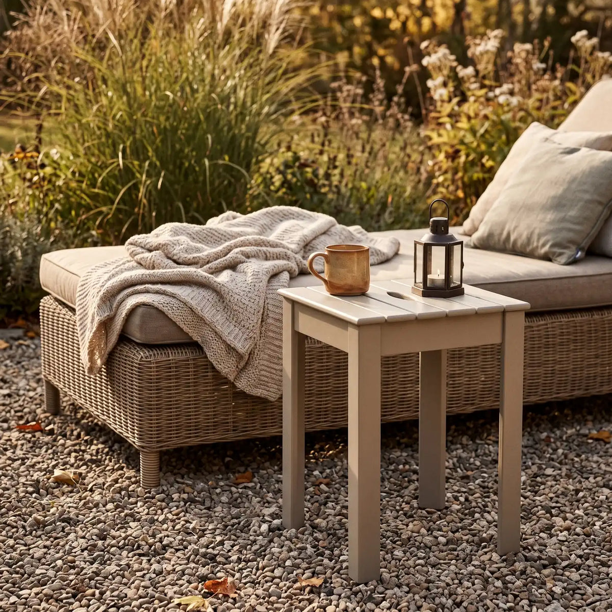 Tokyo Stackable Stool in Taupe beside a garden daybed on a gravel terrace
