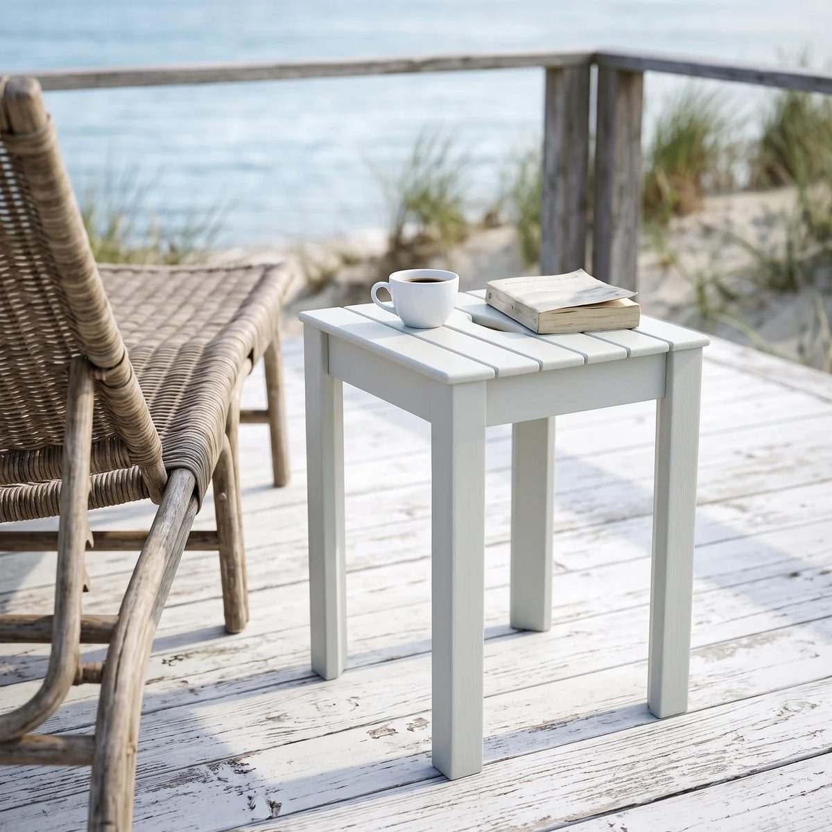 Tokyo Stackable Stool in Light Grey as a side table on a seaside terrace