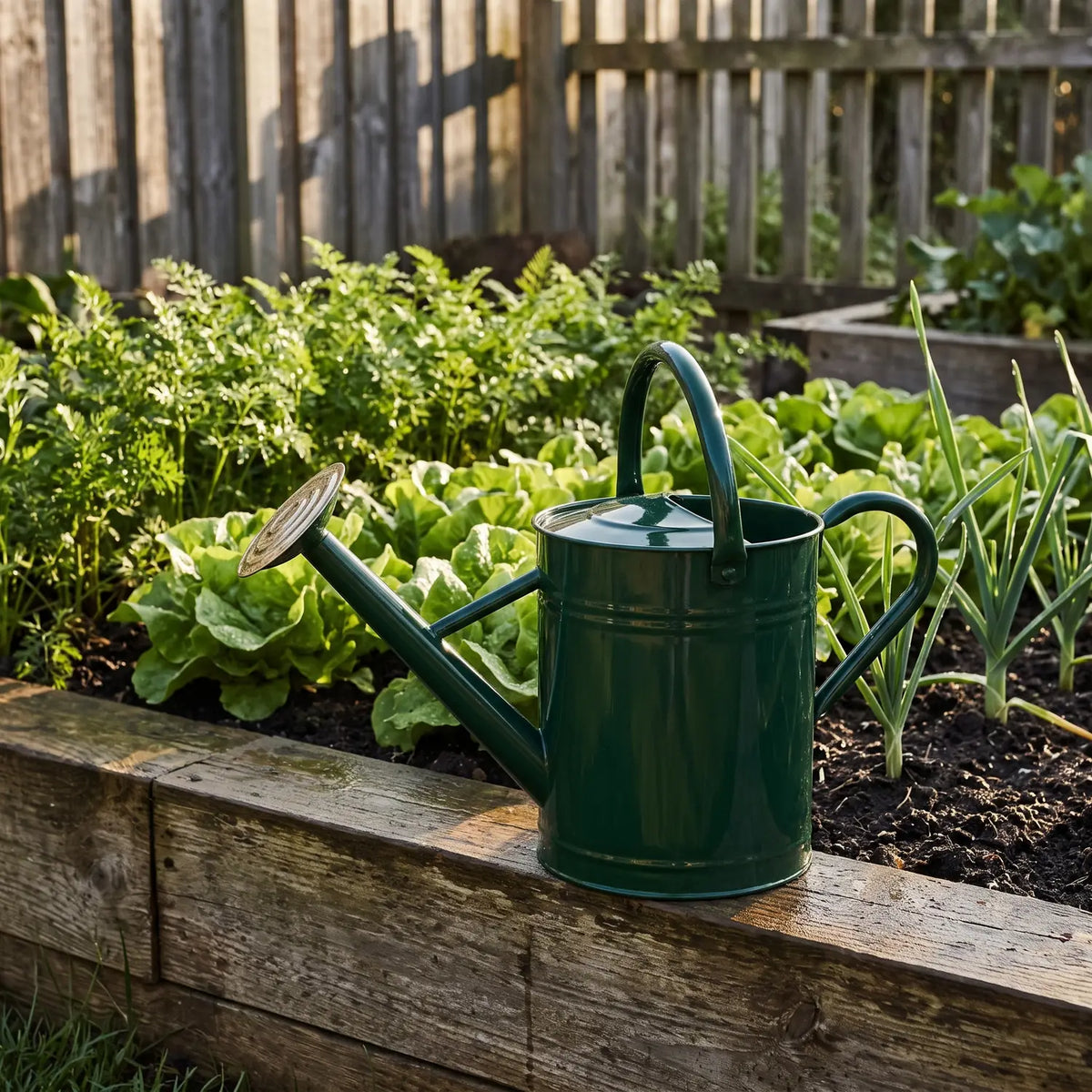 Green Watering Can 8 Litres on a raised vegetable bed
