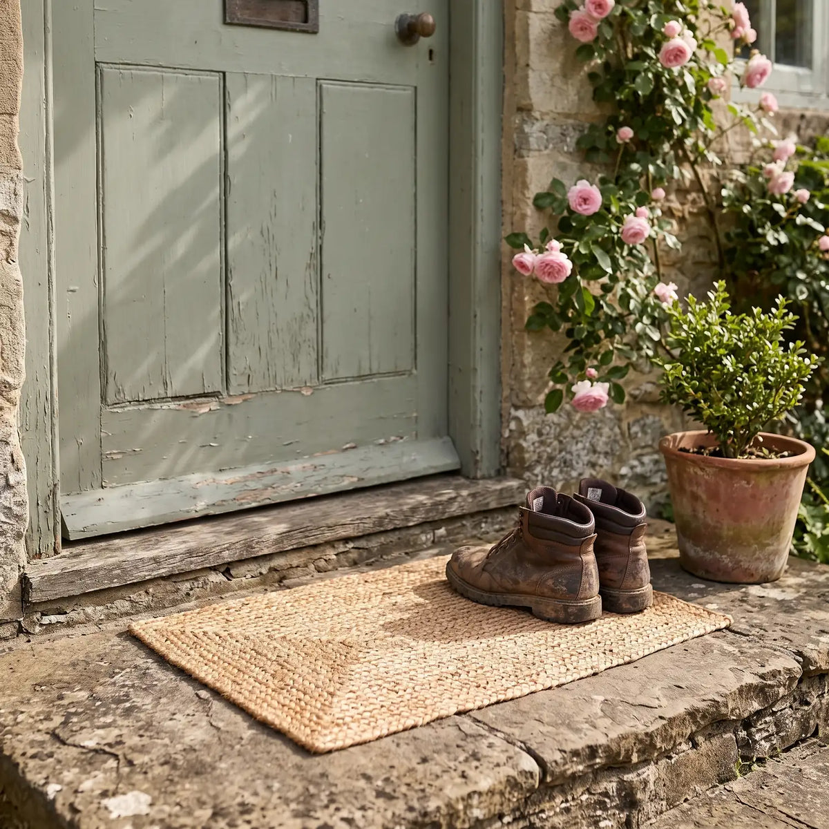 Braided Jute Mat 40 x 60 cm on a stone doorstep with leather boots